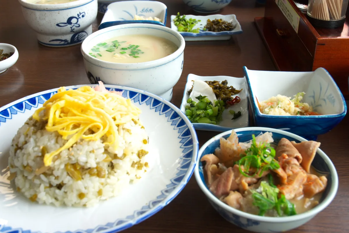 Takana meshi rice and a bowl of dago-jiru soup in Aso, Japan — 1