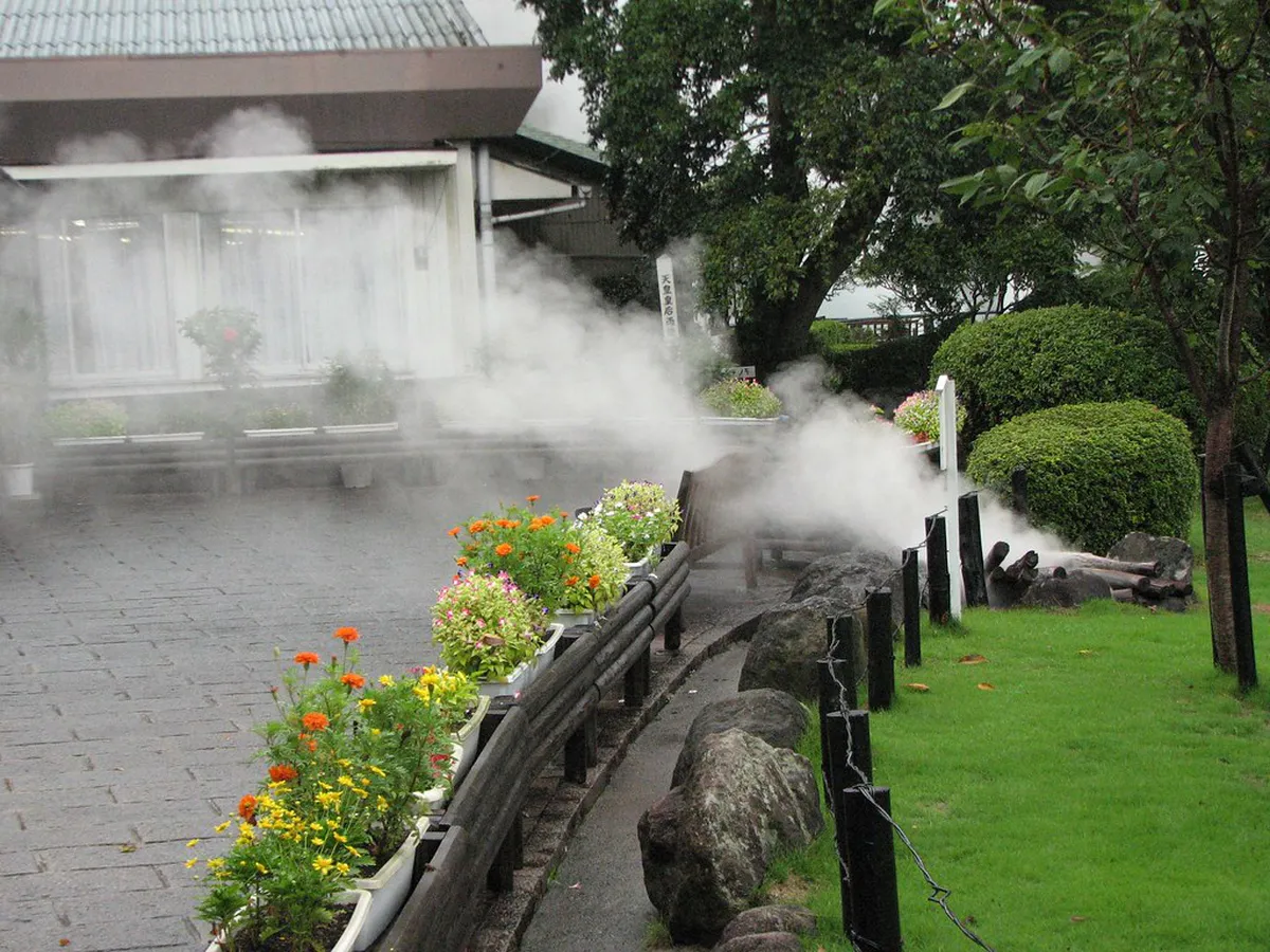 Colorful geothermal hell springs of Beppu with vivid water and rising steam in Oita Prefecture, Japan