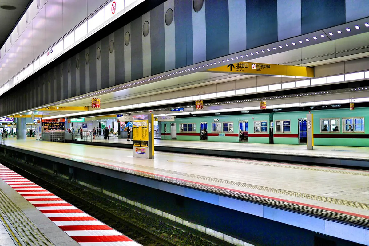 Nishitetsu railway train at a station in Fukuoka Prefecture Japan