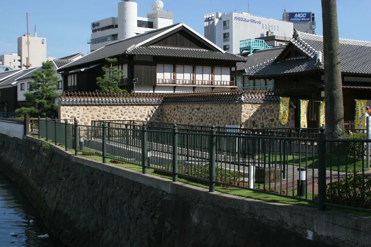 Dejima fan-shaped artificial island reconstruction in Nagasaki harbour, showing the Dutch trading post buildings