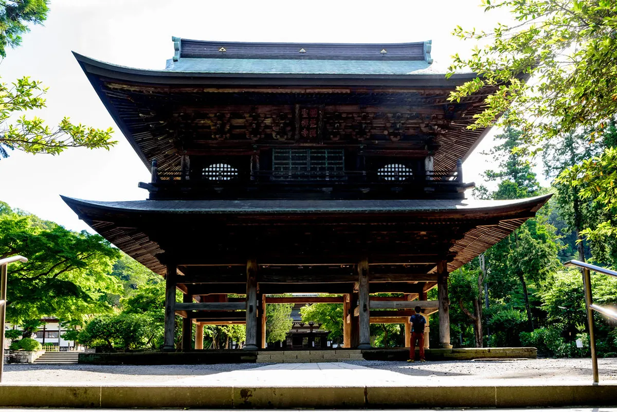 Engakuji Sanmon Gate in Kamakura rising above stone steps flanked by tall cedar trees at the entrance to the Zen temple