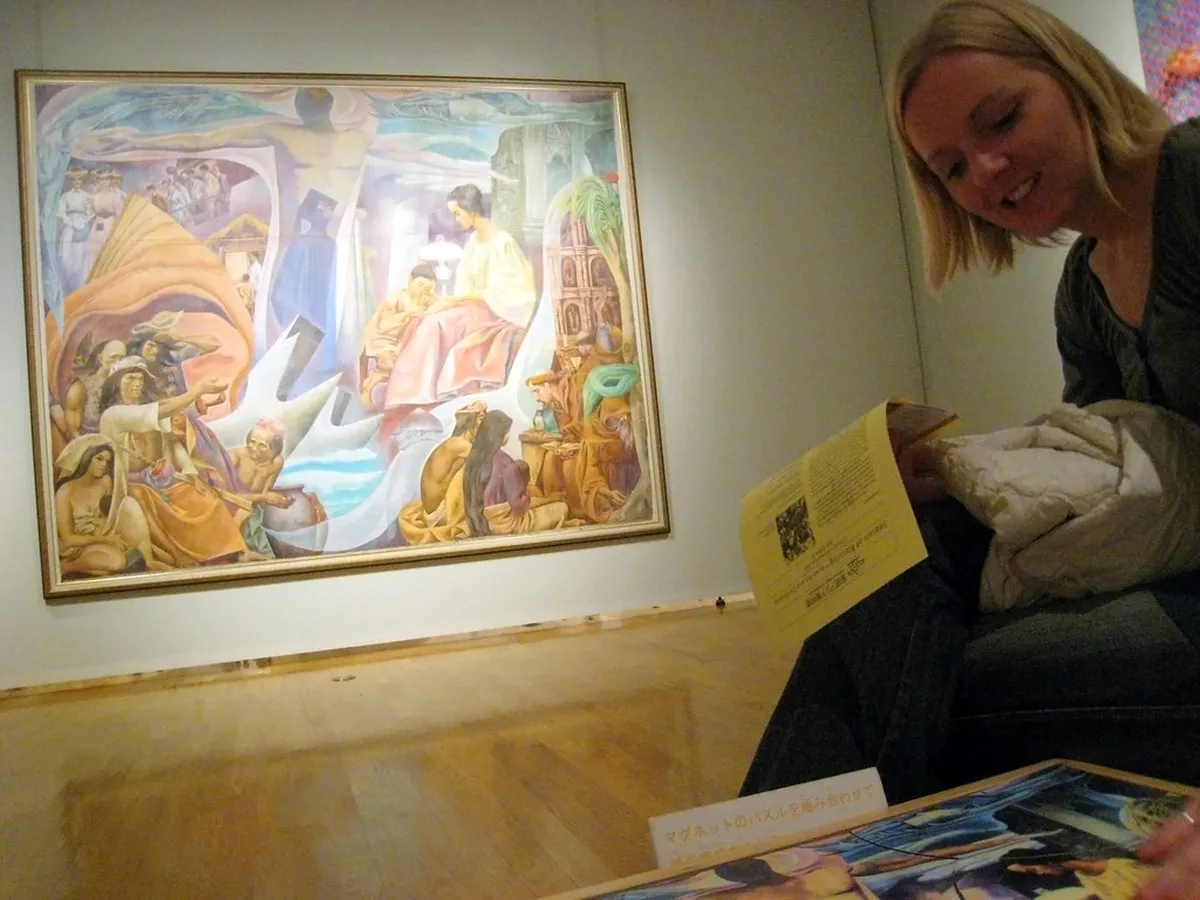 Gallery walls displaying vibrant contemporary Asian paintings inside the Fukuoka Asian Art Museum in Japan