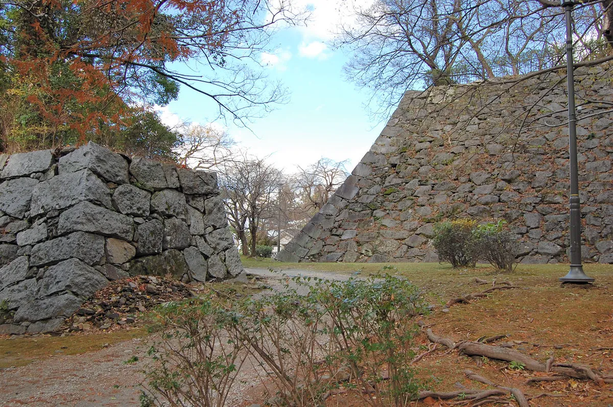 Massive stone walls and defensive fortifications of Fukuoka Castle Ruins, Maizuru Park, Japan