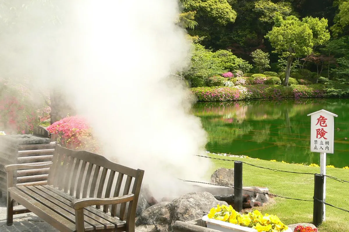 Beppu onsen steam rising from hot spring vents in Oita Prefecture — a short drive from Yufuin in Kyushu