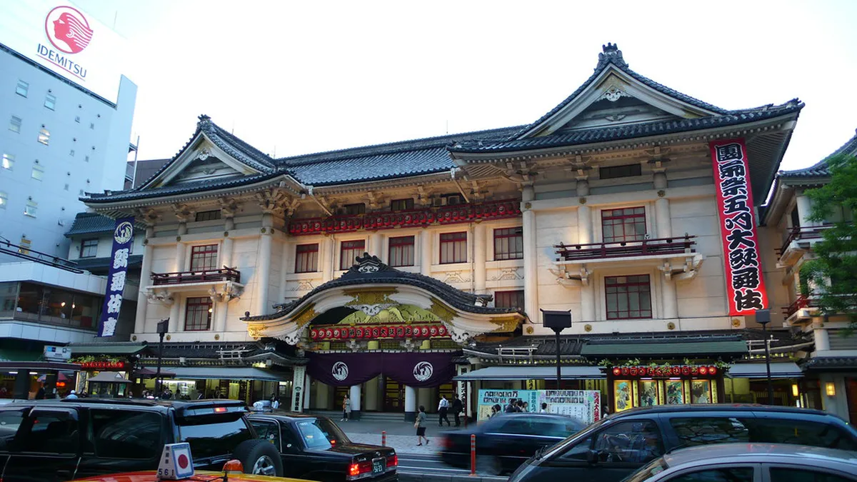 Kabuki-za theatre facade in Ginza with its distinctive traditional Japanese architecture in Tokyo Japan