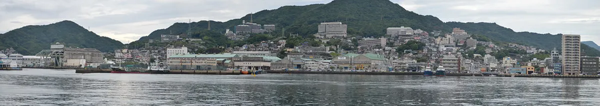 Nagasaki harbor panorama viewed from the hillside showing the port and surrounding mountains of Kyushu