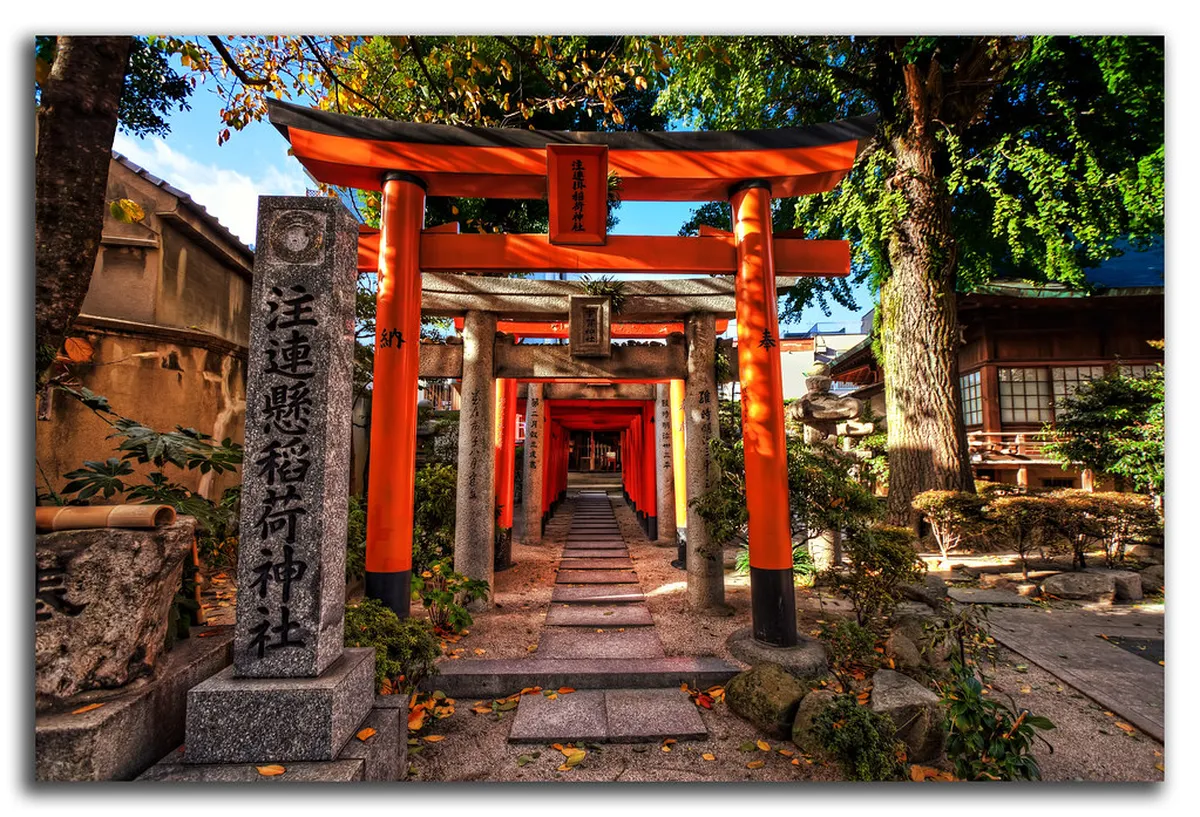 Kushida Shrine main gate and courtyard in Hakata Old Town, Fukuoka, Japan