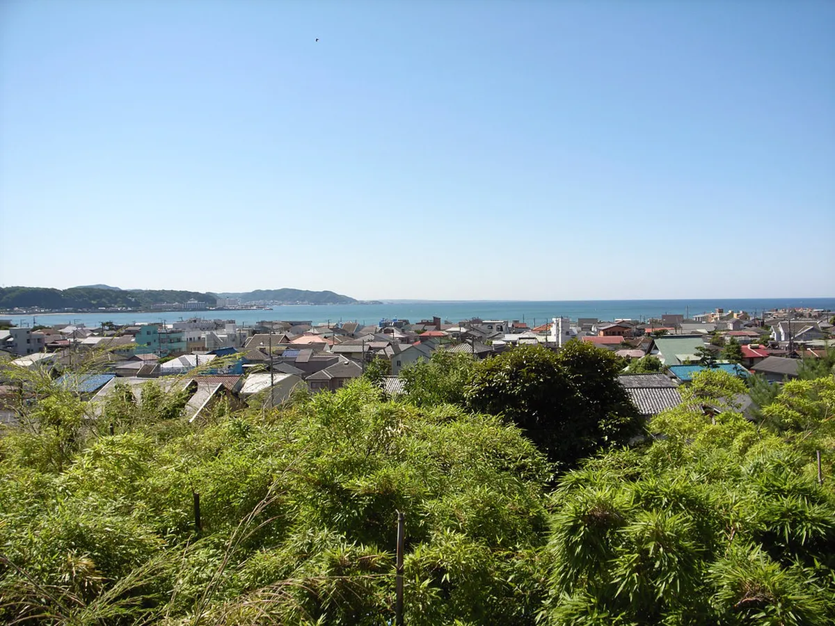 Panoramic view from Hase-dera temple in Kamakura, Japan, looking out over Sagami Bay and the town rooftops below