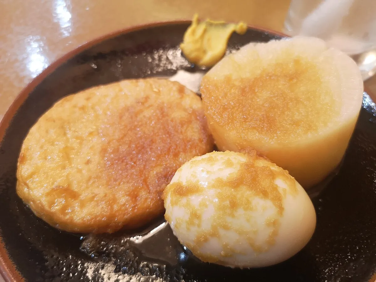 Himeji oden, anago, almond toast and ekisoba near Himeji Castle, Japan — 1
