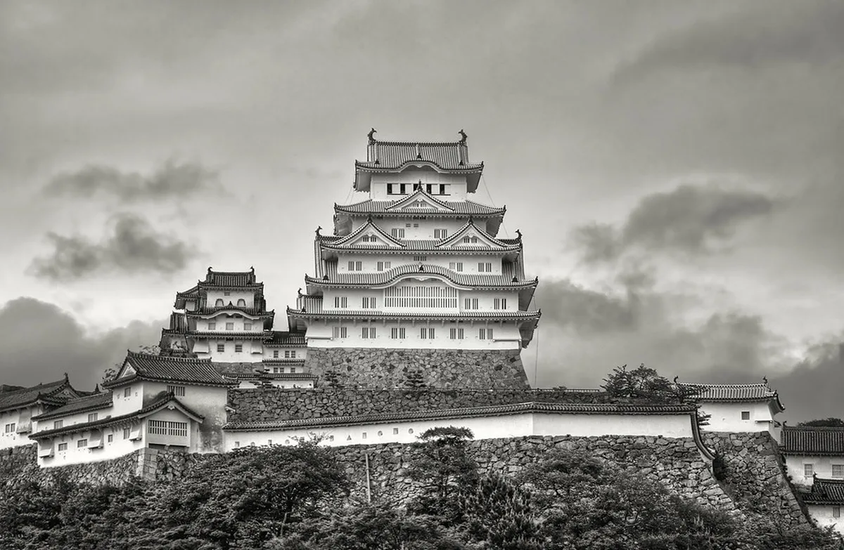 Himeji Castle, the White Heron Castle, against a clear sky
