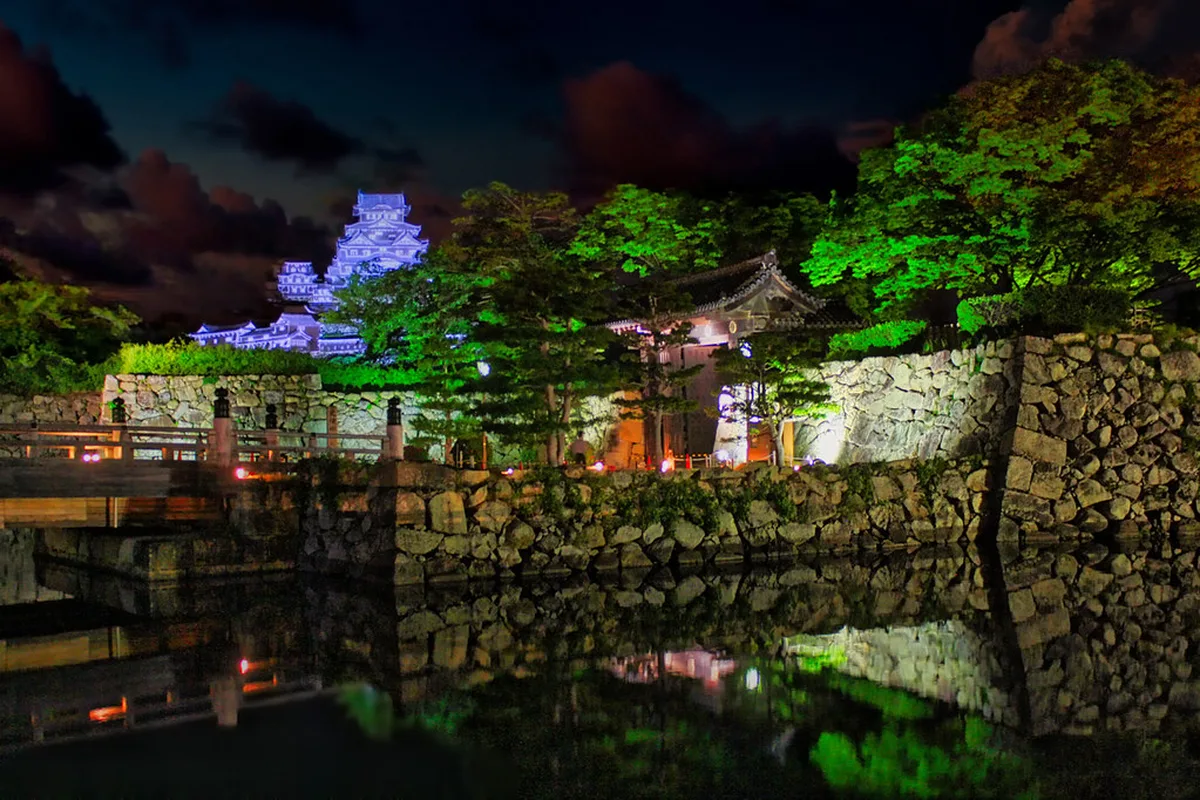 Himeji Castle seen from the castle grounds on a day trip