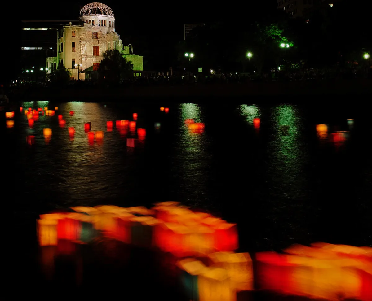 Hiroshima Peace Memorial Ceremony at Peace Park with lanterns floating on the Motoyasu River, Japan