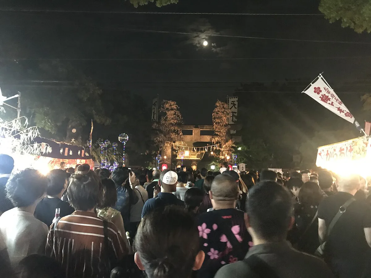Festival stalls along the approach to Hakozaki Shrine during Hojoya, Fukuoka, Japan — 1