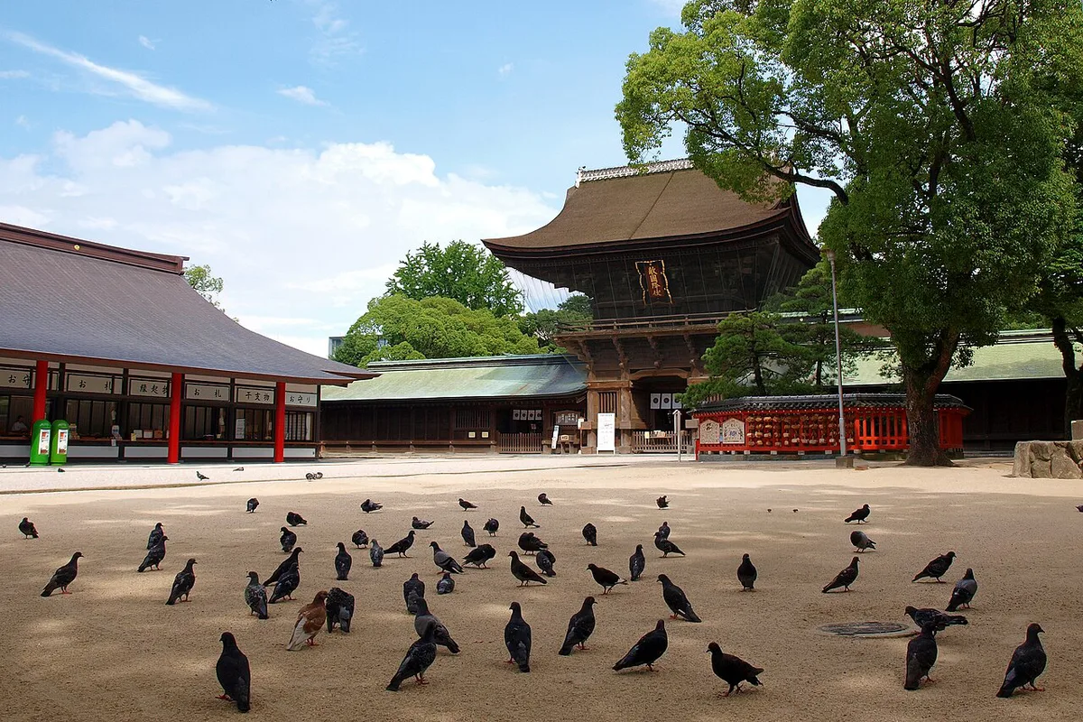 Festival stalls along the approach to Hakozaki Shrine during Hojoya, Fukuoka, Japan — 2