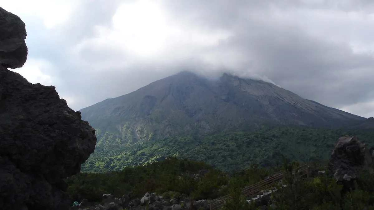 Sakurajima volcanic eruption ash plume rising over the active volcano in Kagoshima Japan
