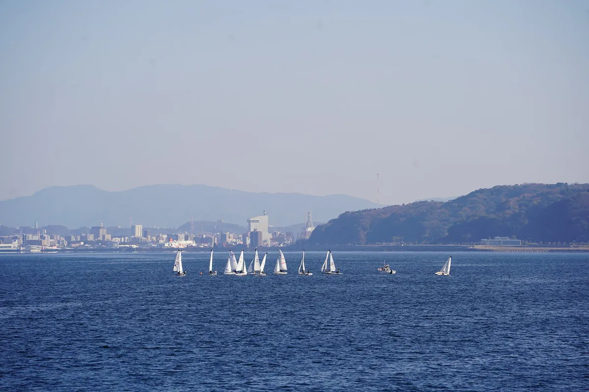 Matogahama beach Beppu with coastal views along the bay in Oita Japan