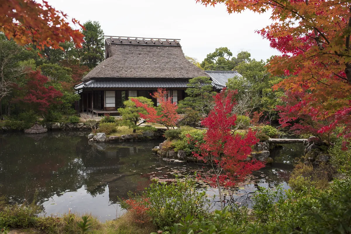Isuien Garden in autumn with red and gold maple leaves reflected in the pond in Nara, Japan