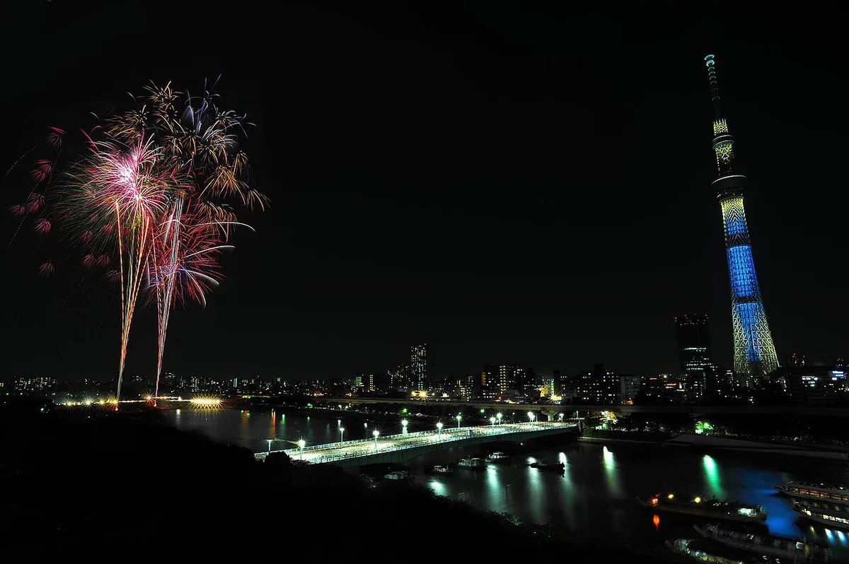 Crowds watching fireworks over the Sumida River during a Tokyo summer festival, Japan — 1