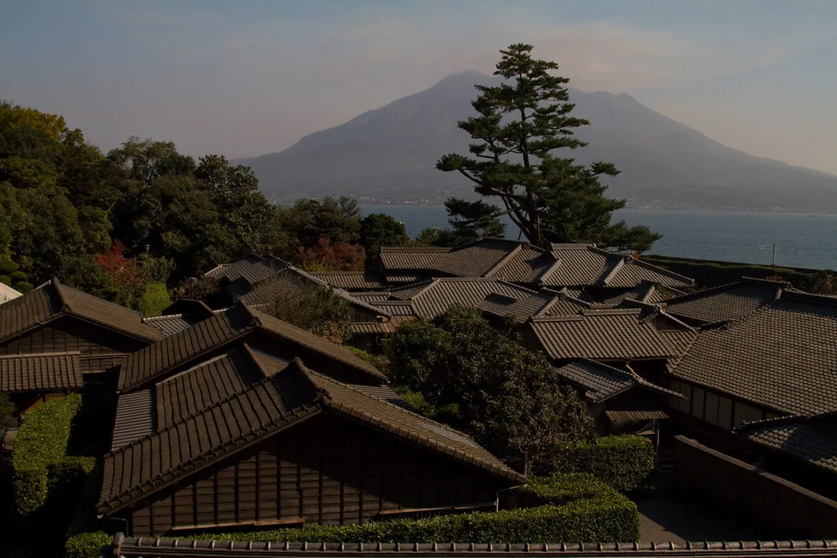 Sengan-en garden featuring Sakurajima volcano as the scenic backdrop in Kagoshima Japan