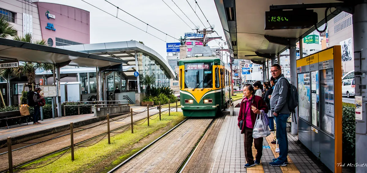 Kagoshima city tram running along central streets connecting Chuo Station and Tenmonkan Japan