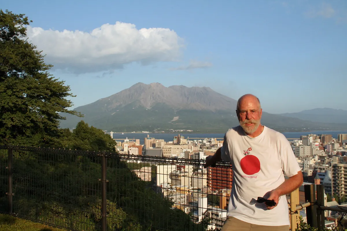 Shiroyama hilltop viewpoint with panoramic view of Kagoshima city and Sakurajima volcano Japan
