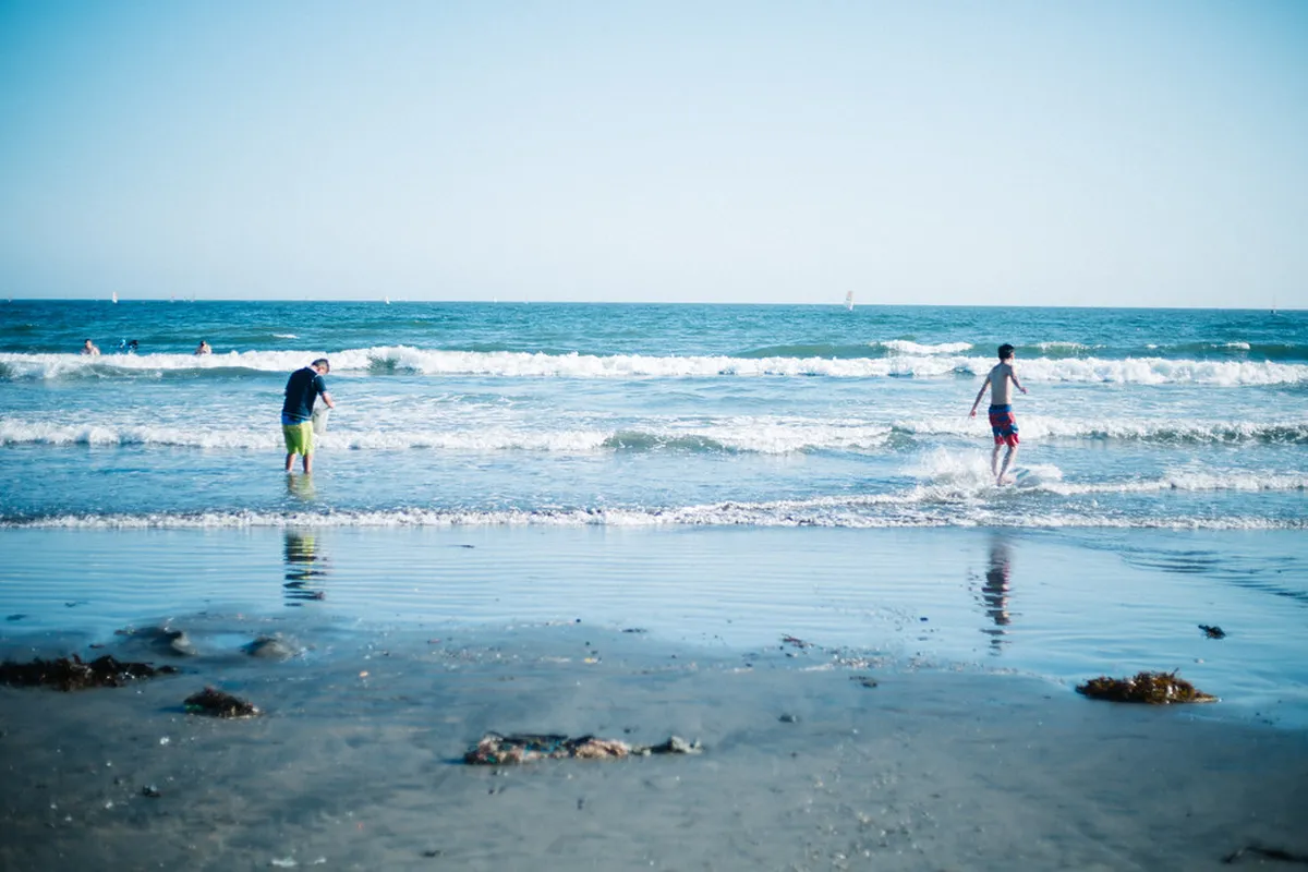 Wide sandy Yuigahama Beach in Kamakura, Japan with calm blue waves and the Pacific coastline stretching into the distance