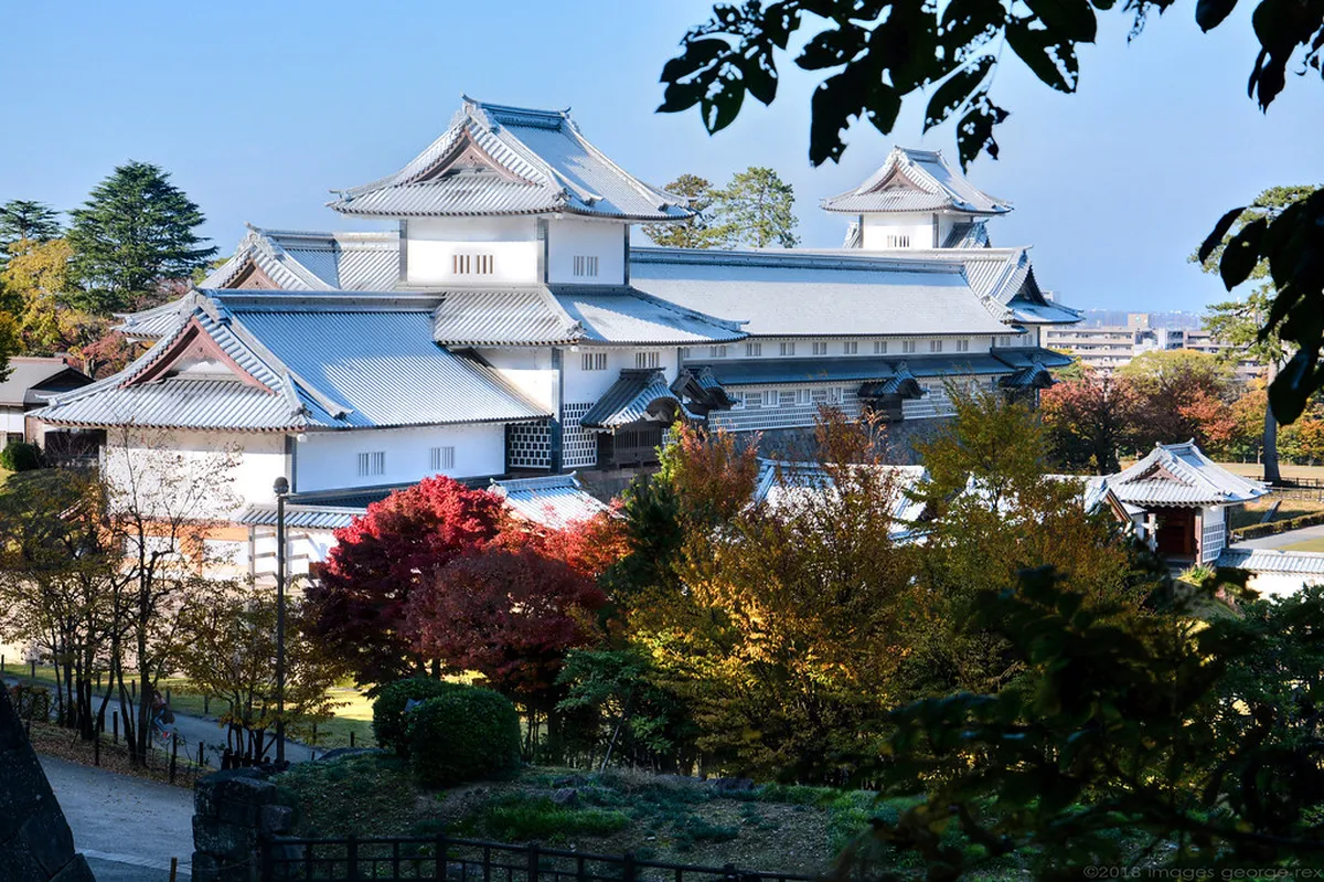 The restored Gojukken Nagaya storehouse and turret at Kanazawa Castle Park, built using traditional Japanese joinery without metal nails