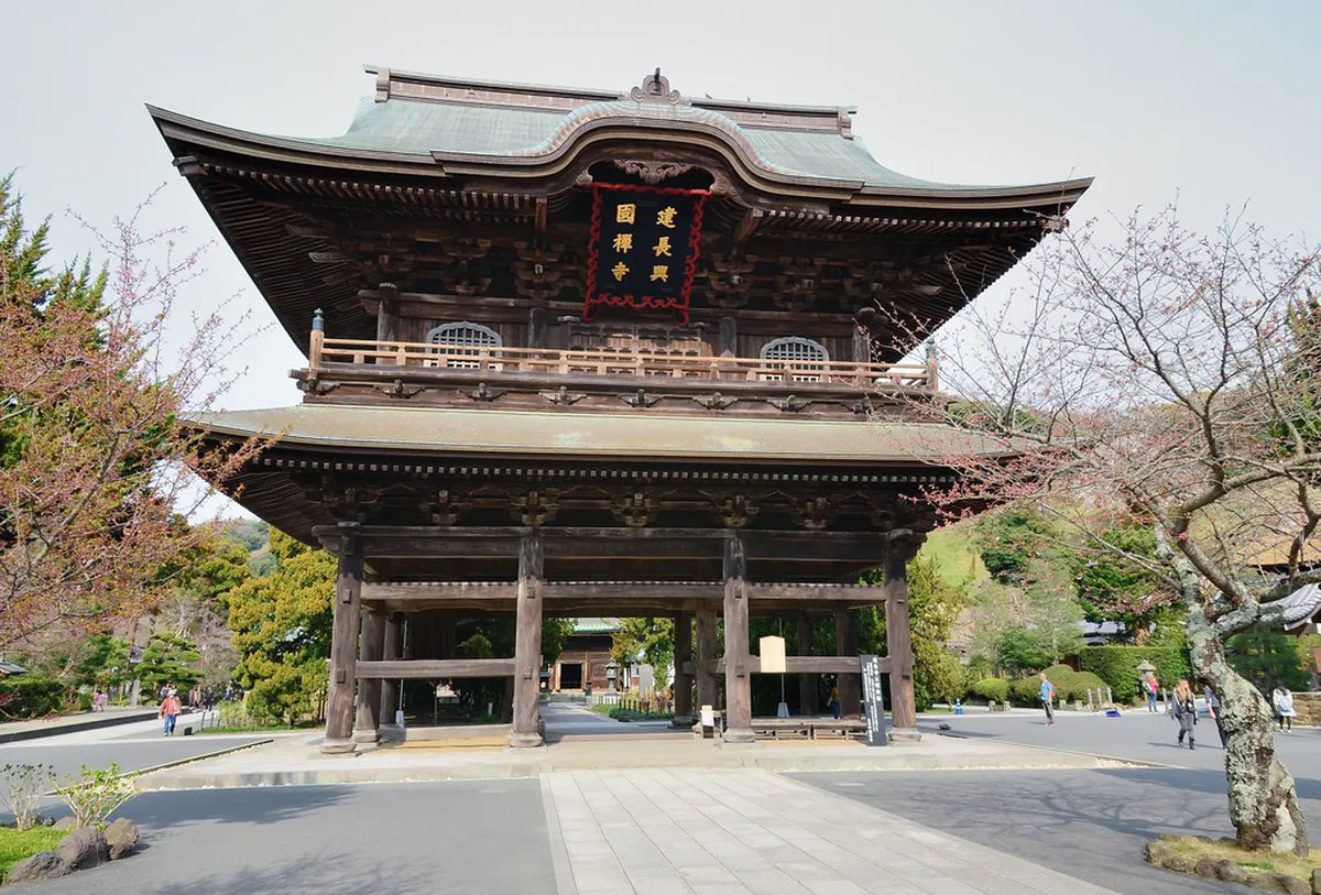 Imposing two-story wooden Sanmon gate of Kenchoji Temple framed by tall cedar trees in Kamakura, Japan
