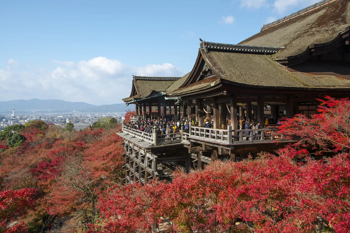 Kiyomizu-dera main hall wooden stage extending over the Kyoto hillside with massive cypress-wood pillars below