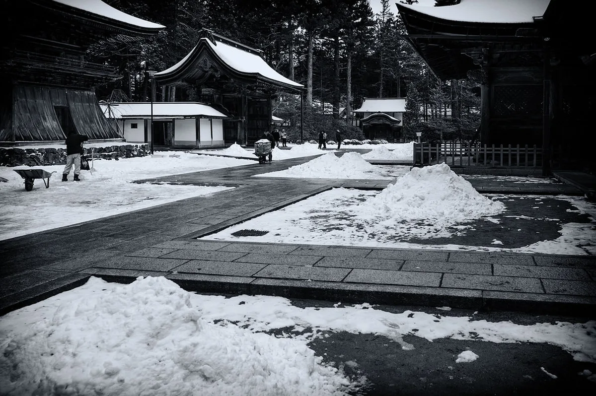 Winter temple snow in Koyasan, Japan