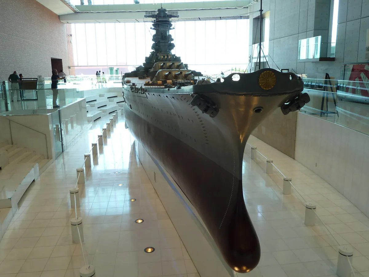 The 1:10 scale battleship Yamato model stretching 26 meters across the central hall of Yamato Museum in Kure, Japan