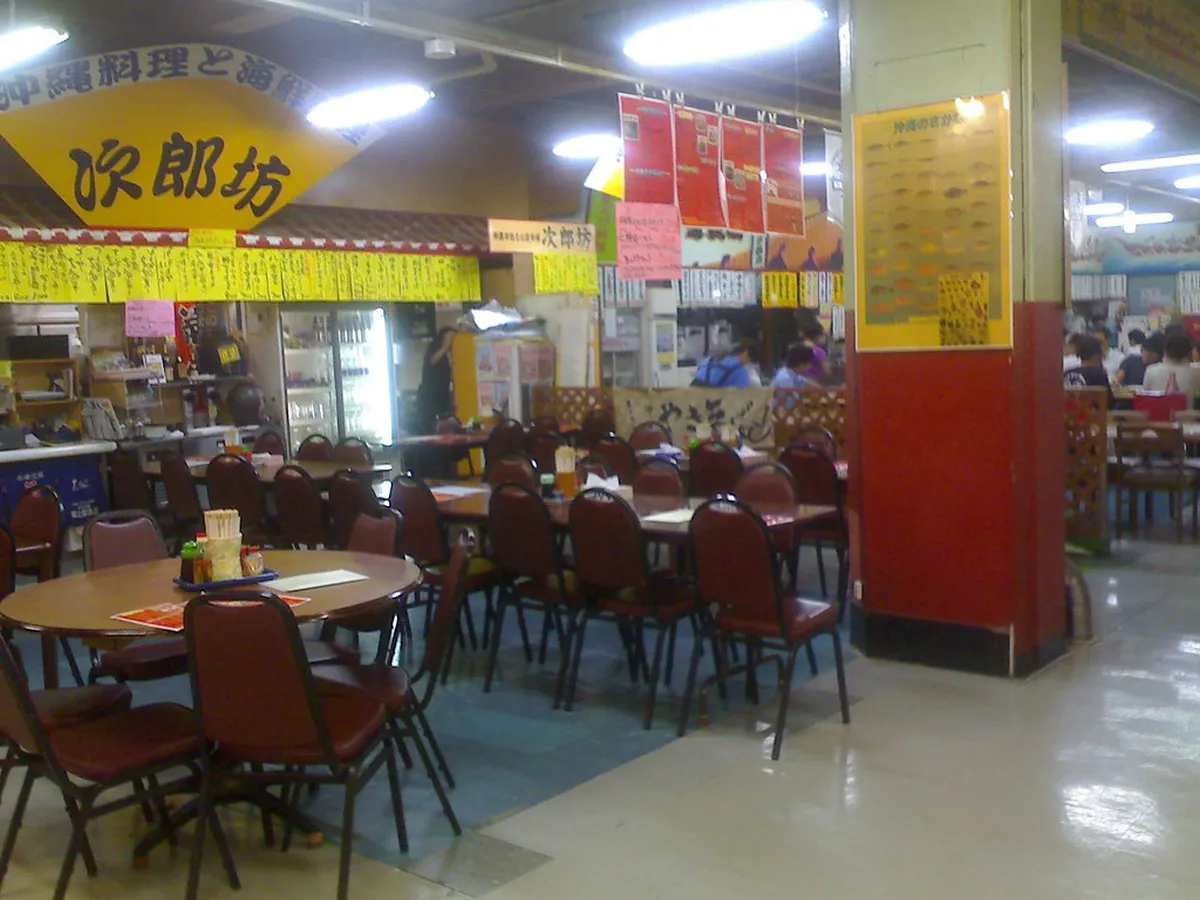 Second-floor restaurant at Makishi Public Market in Naha serving freshly cooked Okinawan seafood dishes