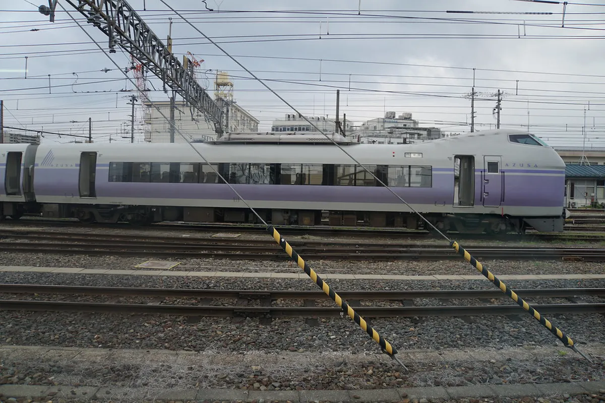 Matsumoto Station platform with the Limited Express Azusa train, a gateway to the Japan Alps city of Matsumoto