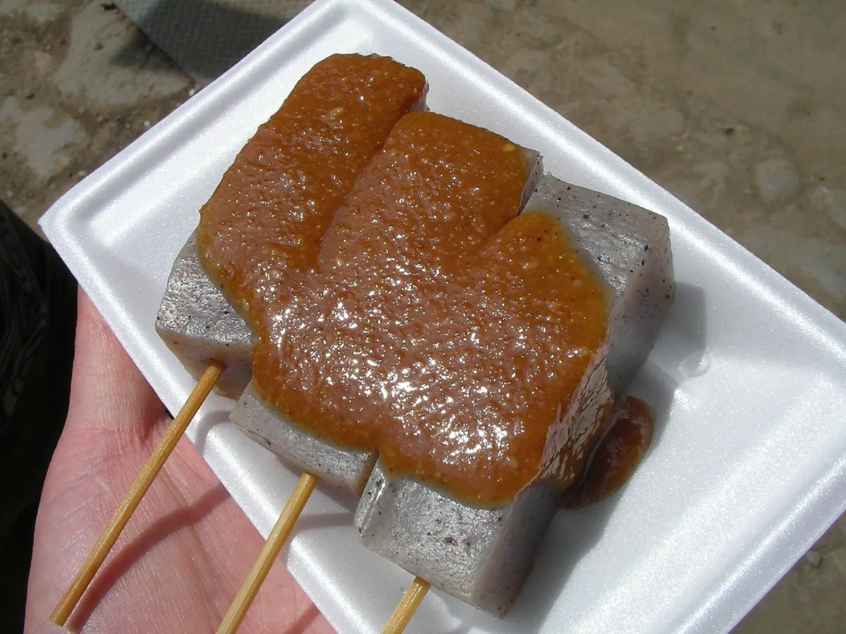 Tororo soba and tengu-shaped sweets served on Mount Takao, Japan — 1