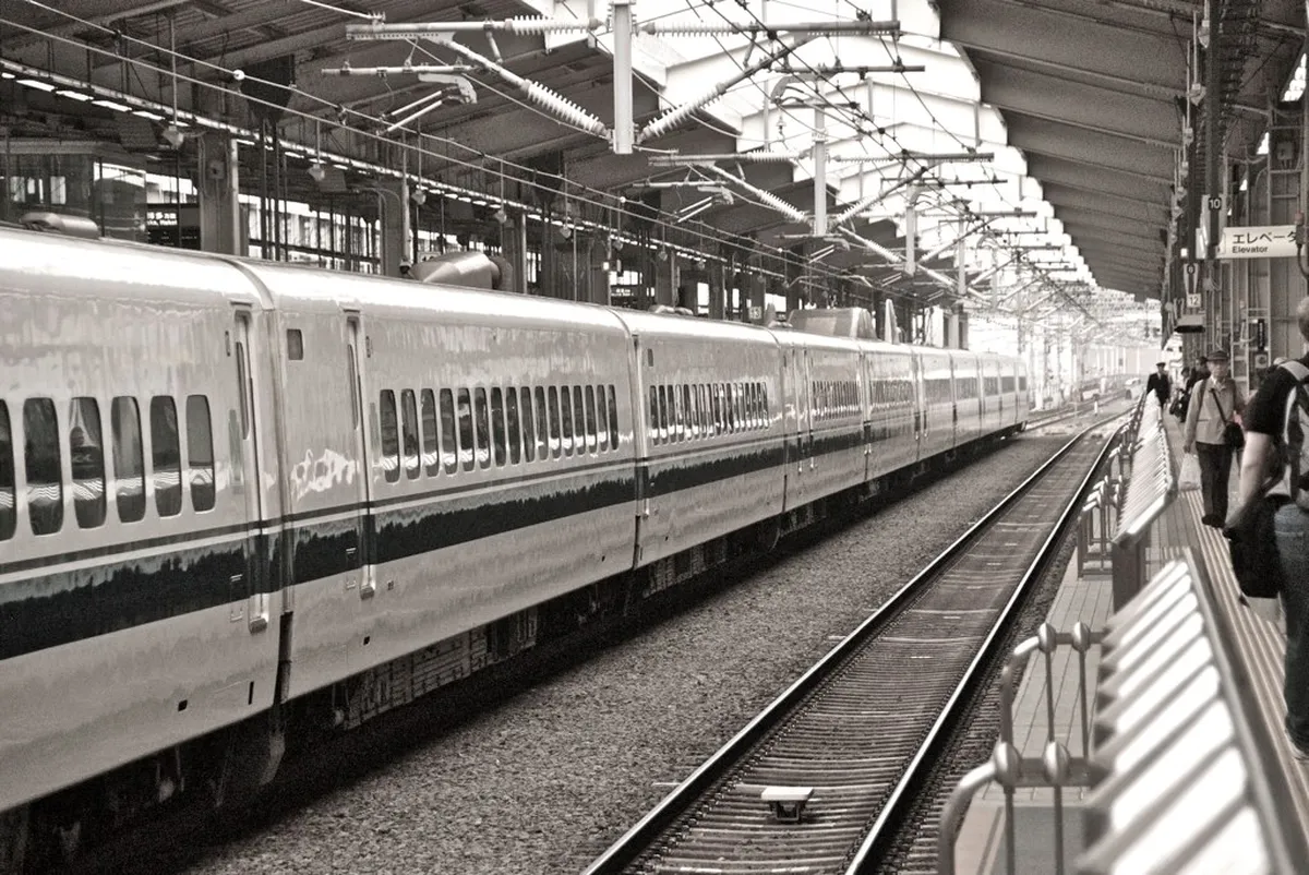 Nagasaki Shinkansen train on the Nishi-Kyushu line connecting Fukuoka to Nagasaki, Japan