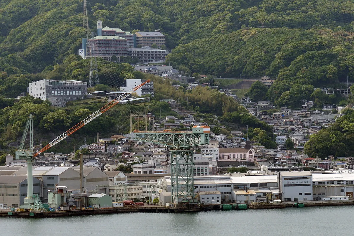 Glover Garden terrace with sweeping views over Nagasaki harbour and the Mitsubishi shipyards, Japan