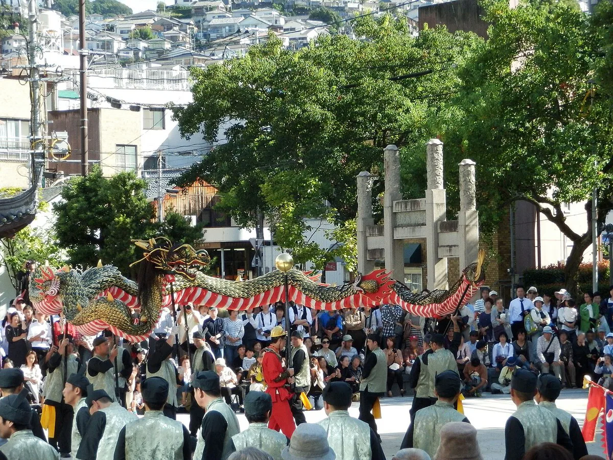 Chinese lanterns glowing over Shinchi Chinatown during the Nagasaki Lantern Festival, Japan — 1