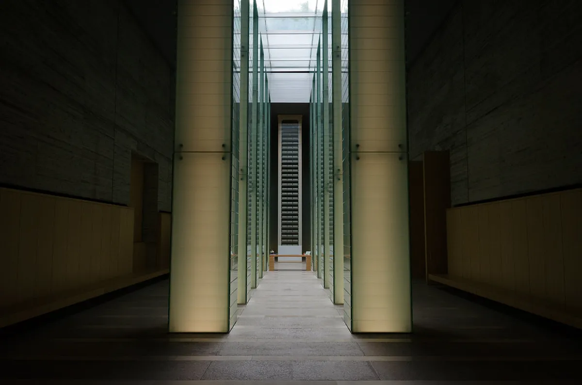 Nagasaki National Peace Memorial Hall for the Atomic Bomb Victims with its illuminated glass columns and reflective garden, Japan