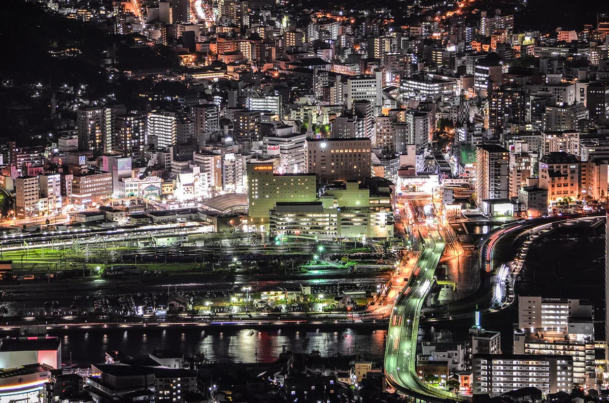 Nagasaki harbor and cityscape with terraced hills overlooking water