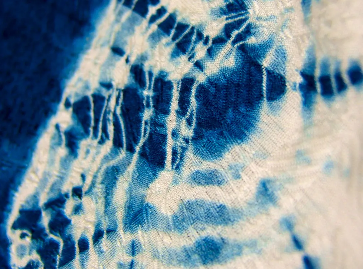 Vibrant blue and white Arimatsu shibori tie-dye textile, a traditional craft from the Nagoya region of Japan