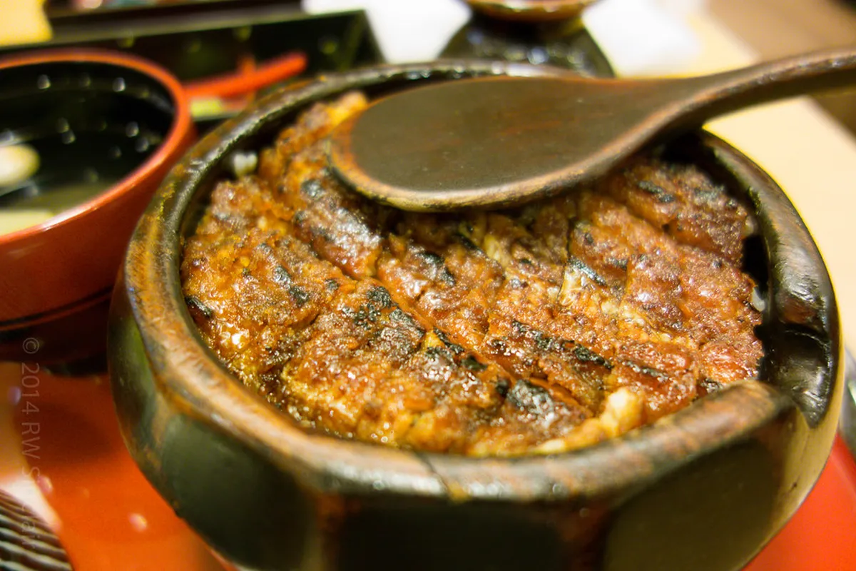 A lacquer bowl of Nagoya hitsumabushi grilled eel on rice, served with condiments and broth ready for the traditional three-step meal in Japan