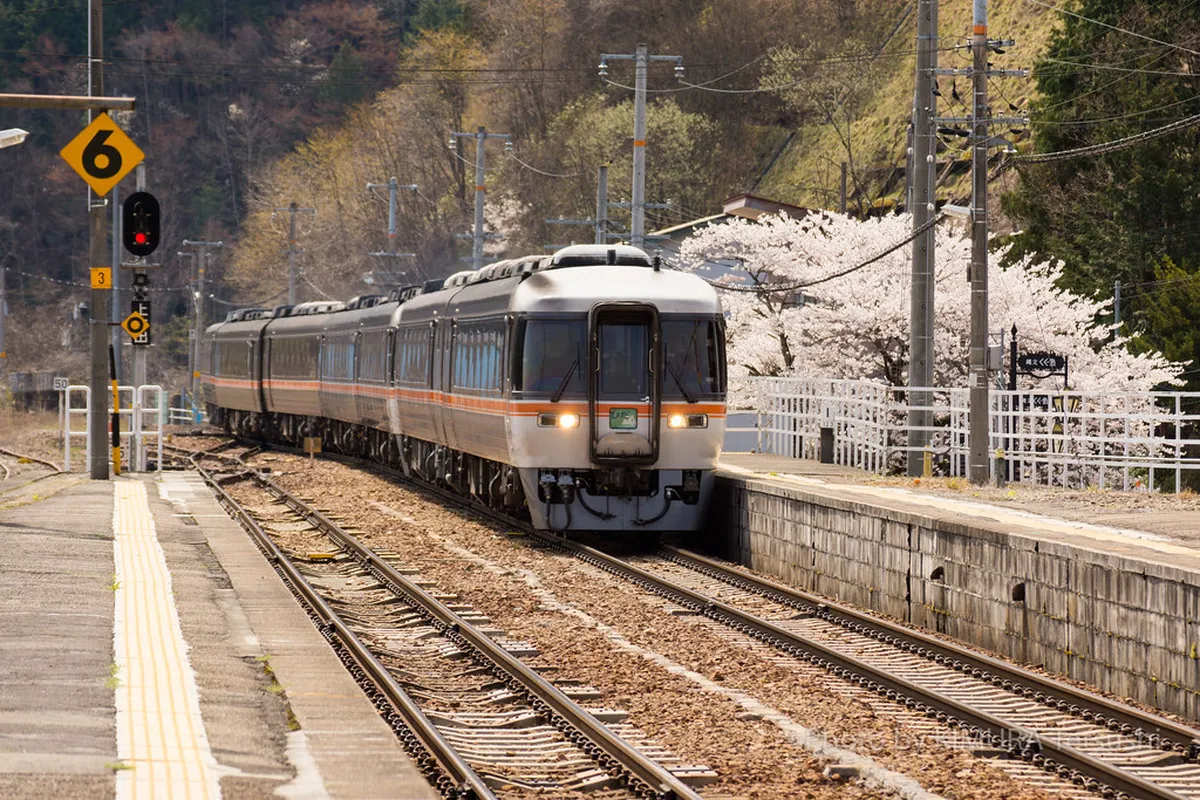 The Hida Limited Express train at a station platform in Gifu Prefecture, ready for the scenic mountain journey from Nagoya to Takayama in Japan