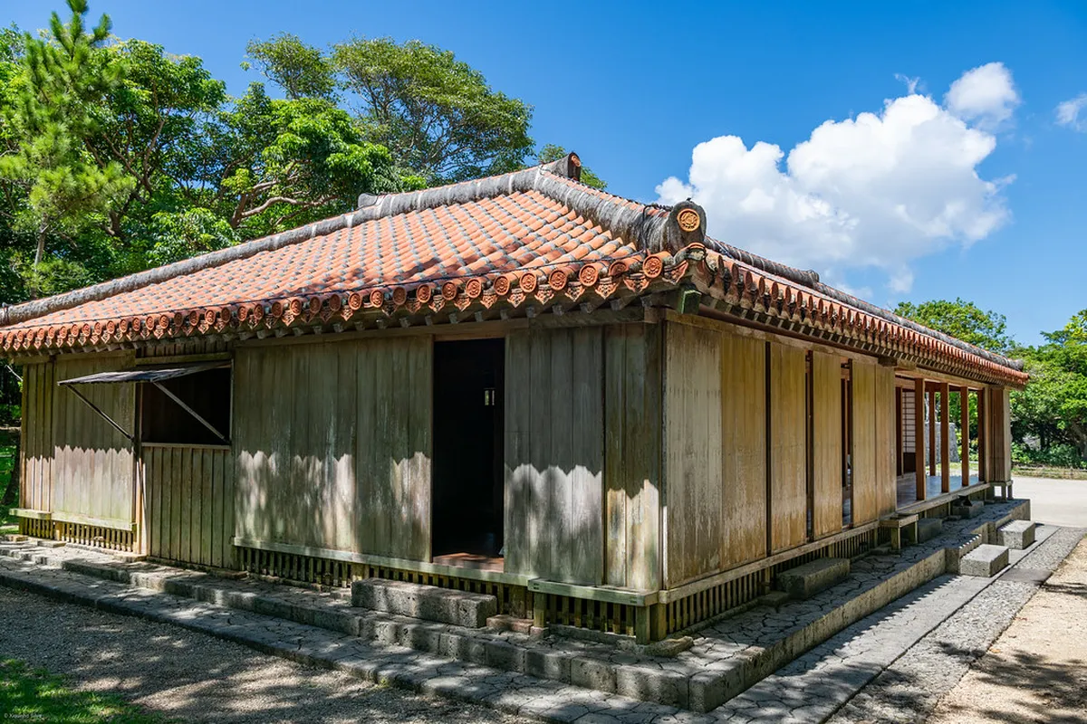 Stone gateway and grounds of Tamaudun Royal Mausoleum UNESCO World Heritage Site in Naha Okinawa Japan