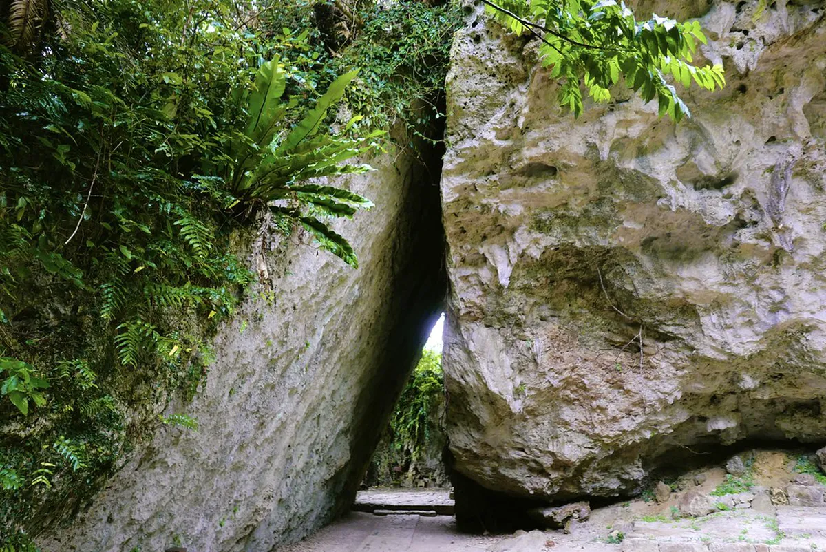 Sacred stone archway and lush forest at Sefa Utaki UNESCO World Heritage Site in southern Okinawa Japan
