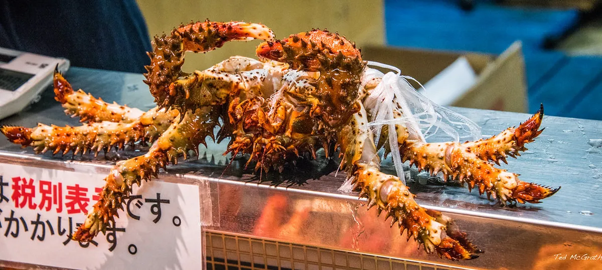 Fresh king crab legs on display at a Hokkaido seafood market stall near central Sapporo Japan