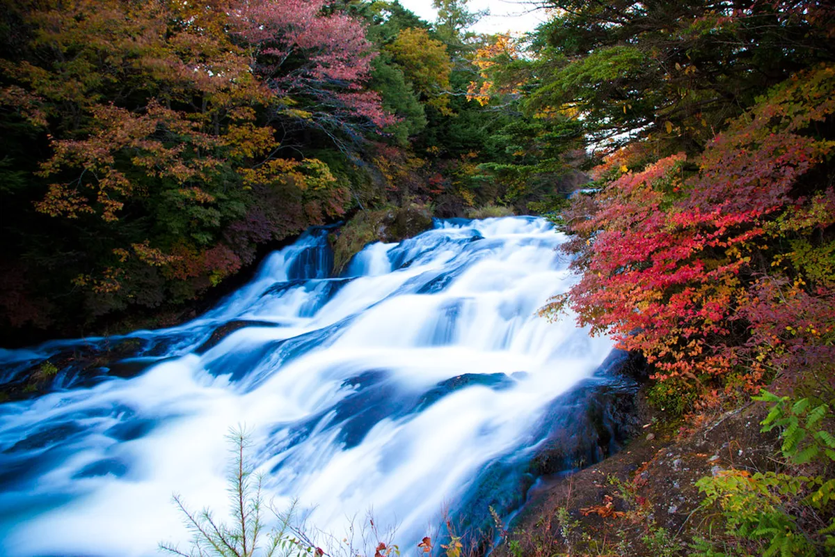Ryuzu Falls surrounded by vivid autumn maples in Oku-Nikko, Japan