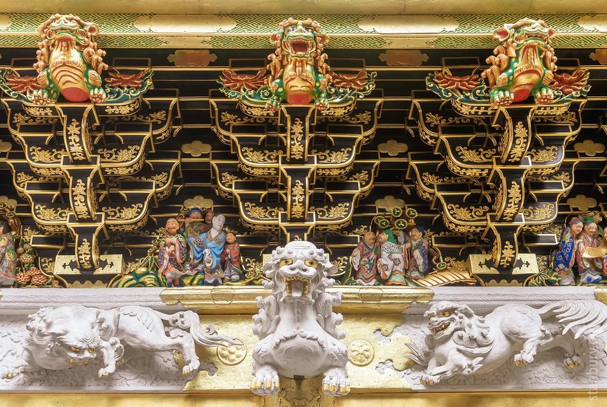 The ornately carved and gilded Yomeimon Gate standing at the heart of Toshogu Shrine in Nikko, Japan