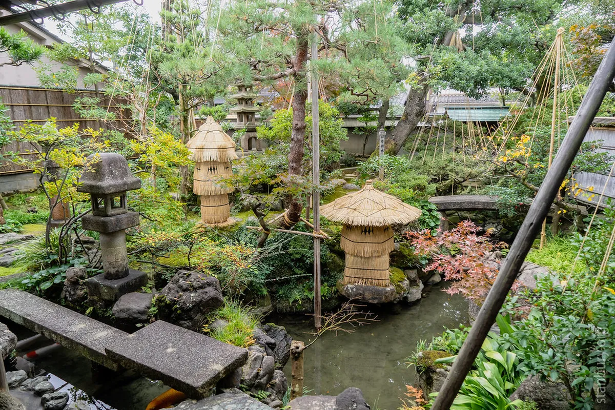 The Michelin two-star garden at Nomura Family Samurai House in Kanazawa, with a koi pond and stone lanterns viewed from the veranda