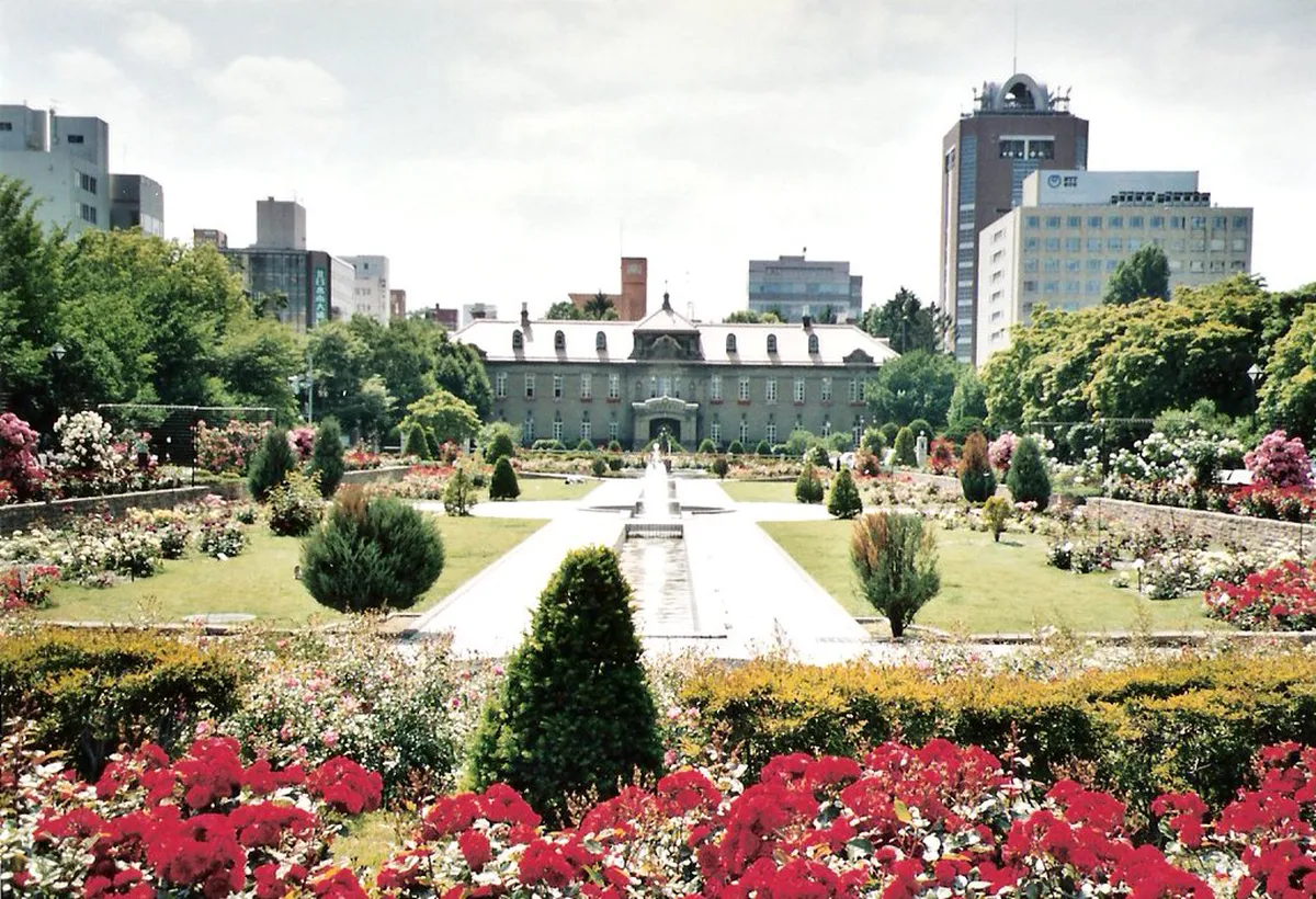 Odori Park outdoor gardens in Sapporo showing colorful flower beds and open lawns stretching through the city