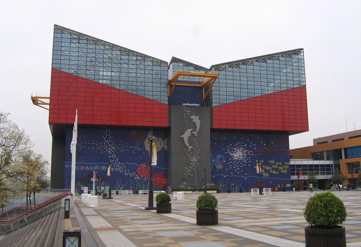 Osaka Aquarium Kaiyukan colorful exterior building at Tempozan harbor, Minato ward Osaka Japan